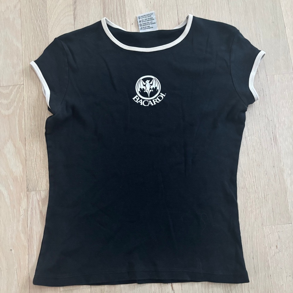 Bacardi Ringer Tee Womens Large Black Used Graphic Logo Shirt